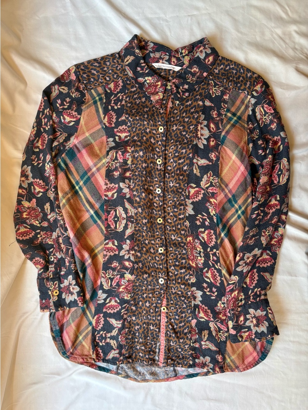 Soft Surroundings Mixed-Print Button-Up Blouse in Black, Brown & Rust PM